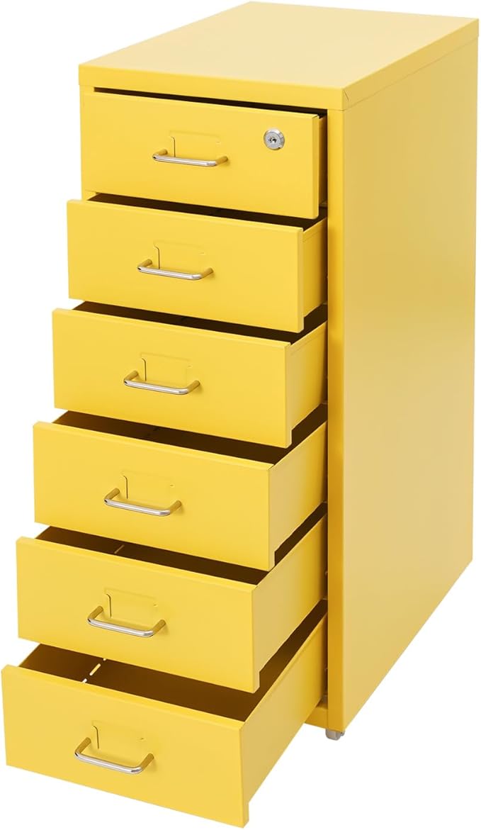 TFCFL Mobile File Cabinet 6 Drawer Vertical File Cabinet with Wheels Metal File Cabinet with Lock for Home Office, 11" D x 16" W x 27" H (Yellow)