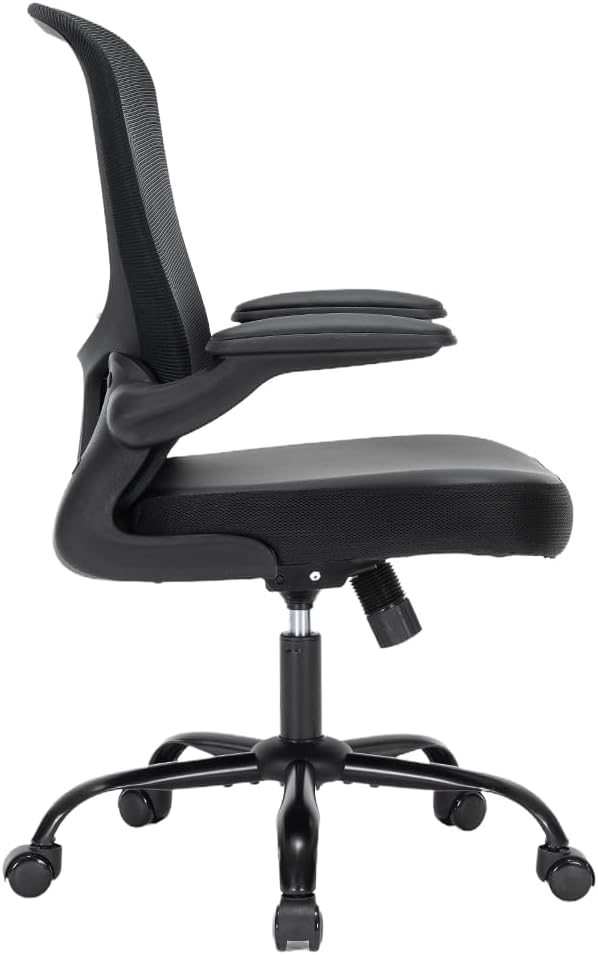 Office Chair, Ergonomic Mesh PU Leather Desk Computer Chair, with Lumbar Support, Adjustable Height, Executive Swivel Rolling with Flip-up Arm, Black