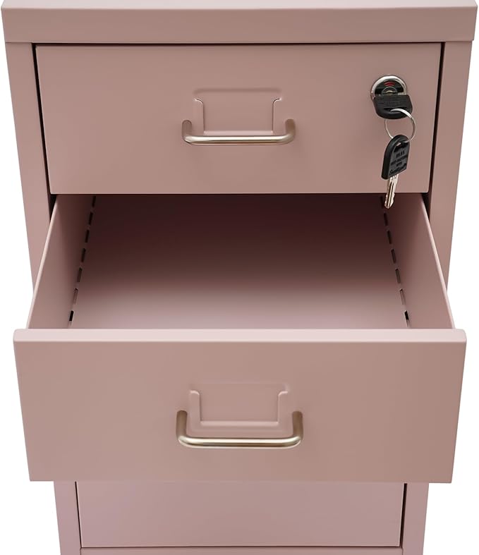 3 Drawer File Cabinet, Mobile Vertical Filing Cabinets with Lock and Wheels Organizer Cabinet for Home Office Files Storage (Pink)