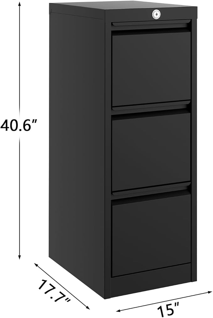 GarveeHome 3-Drawer Metal File Cabinet with Lock, Heavy Duty Filing Cabinet for Letter/Legal/A4/F4 Documents – Vertical Storage Organizer for Home Office, Black