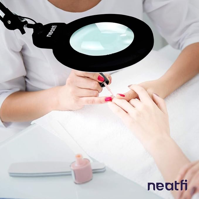Neatfi XL Bifocal LED Magnifying Lamp, 7-Inch Acrylic Lens, 5D/20D Magnification, Hands-Free, Dimmable, 84 SMD LED, Adjustable Arm for Crafts, Reading, Close Work (Black, with Clamp)