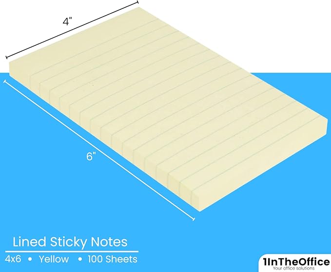 1InTheOffice Large Sticky Notes, Lined Sticky Notes 4x6, Yellow Note Pads, Self-Stick Strong Adhesive Memo Pads, 100-Sheet, (10/Pack)