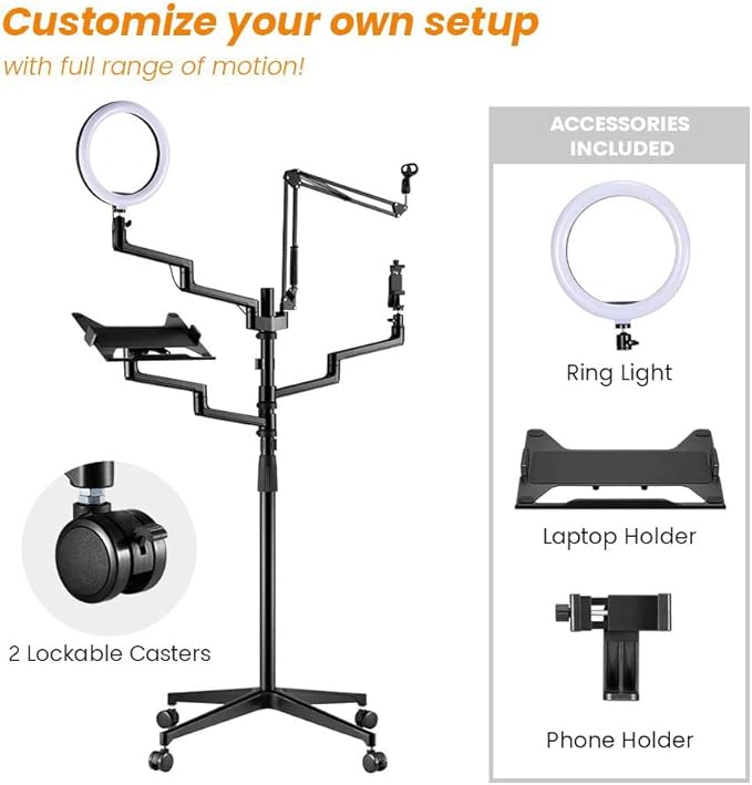 MDS11-2 Live Broadcast Boom Arm And Mobile Cart | Flexible Desk Mount Camera Arm | Clamp Webcam Stand | Microphone Boom Arm | Laptop Stand | 10" LED Ring Light | Voice Recording And Podcasting