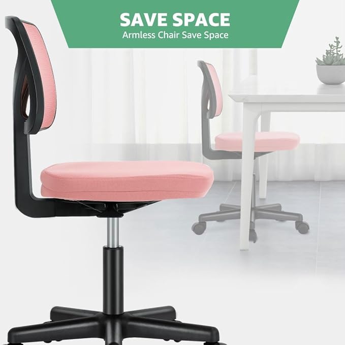 Armless Mesh Office Chair, Ergonomic Low Back Deskchair, Adjustable Rolling Task Computer Swivelchairs for Small Spaces Home Bedroom Study, Pink