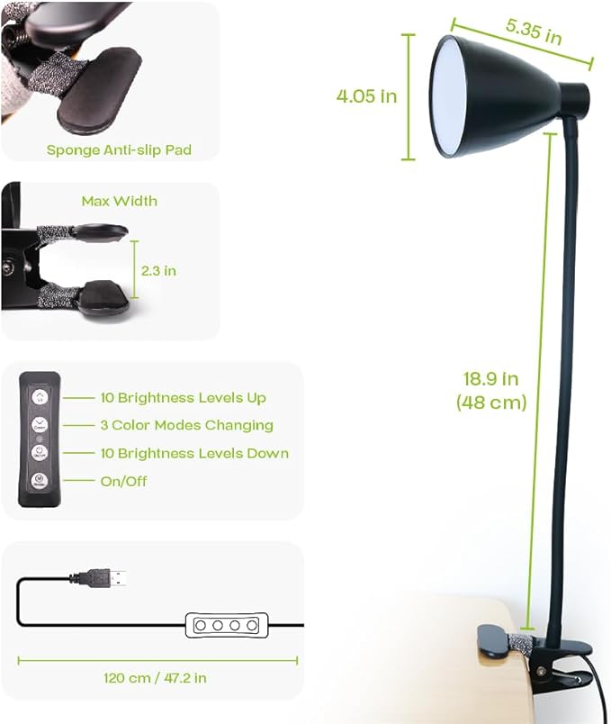 LED Desk Lamp Eye-Caring, 360° Flexible Gooseneck, 10 Brightness Dimmable Reading Light, 3 Color Modes, 10W 40 LED for Home Office, Craft, Computer, Nightstand Reading