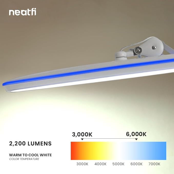Neatfi XL 2,200 Lumens LED Task Lamp, 24W, 117 SMD LEDs, 23-Inch Ultra-Wide, 4 Brightness Levels, 3 Light Modes, Dimmable, Eye-Caring, Glare-Free (CCT with Clamp, White)