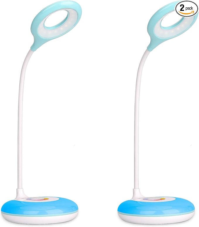 2 Pack LED Desk Lamp Cordless Rechargeable Battery Operated Table Light Adjustable Gooseneck Dimmable Touch Control Color Changing RGB Eye-Caring Base Night Light for Kids with USB Charging Cable