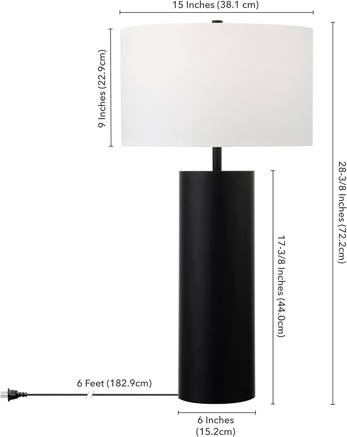 Henn&Hart 29.5'' Mid-Century Modern 1-Light Table Lamp with White Fabric Drum Shade for Living Room, Bedroom, or Office, Blackened Bronze