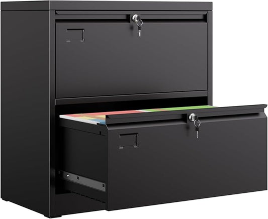 METAN Upgrade Metal 2 Drawer Lateral Files Cabinet for Home Office, Lockable Steel Wide File Storage Cabinet for Hanging Legal/Letter A4 Size, Assembly Required, Black