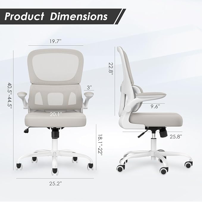 Soohow Office Chair, Mesh Ergonomic Office Chair with Lumbar Support, Comfy Computer Desk Chair with Flip Armrest Rolling Wheels for Home Study Room Office, White & Khaki