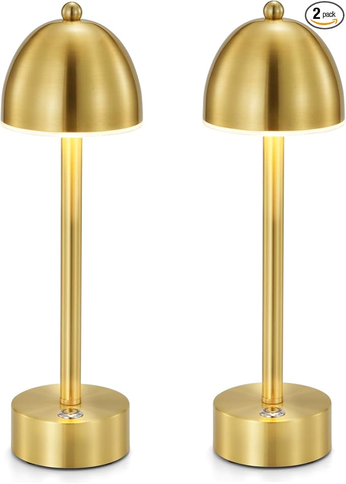 UMEXUS Rechargeable Cordless Mushroom Lamp Set of 2, Touch Dimmable, 5200mAh Small Battery Operated Lamp for Restaurant Bar Cocktail Table, Outdoor Patio Lights, Gold Brass