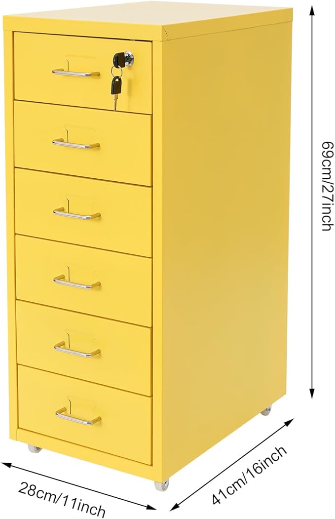 TFCFL Mobile File Cabinet 6 Drawer Vertical File Cabinet with Wheels Metal File Cabinet with Lock for Home Office, 11" D x 16" W x 27" H (Yellow)