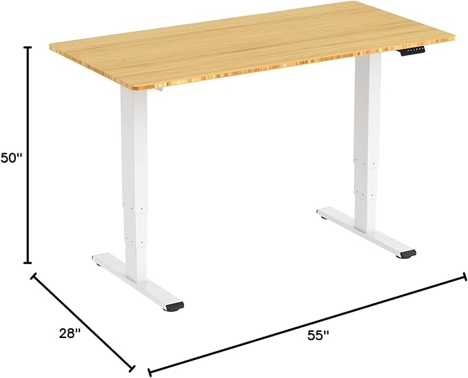SANODESK 55 Inch 3 Stage Bamboo Electric Standing Desk, Dual Motor Height Adjustable Desk, Whole-Piece Desktop Sit to Stand Home Office Desk (White Frame/ 55” x 28” Natural Bamboo Top)