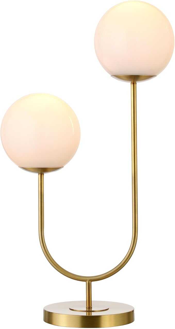 Henn&Hart 28'' Mid-Century Modern 2-Light U-Shaped Table Lamp with White Milk Glass Globe Shade for Living Room, Bedroom, or Office, Brass