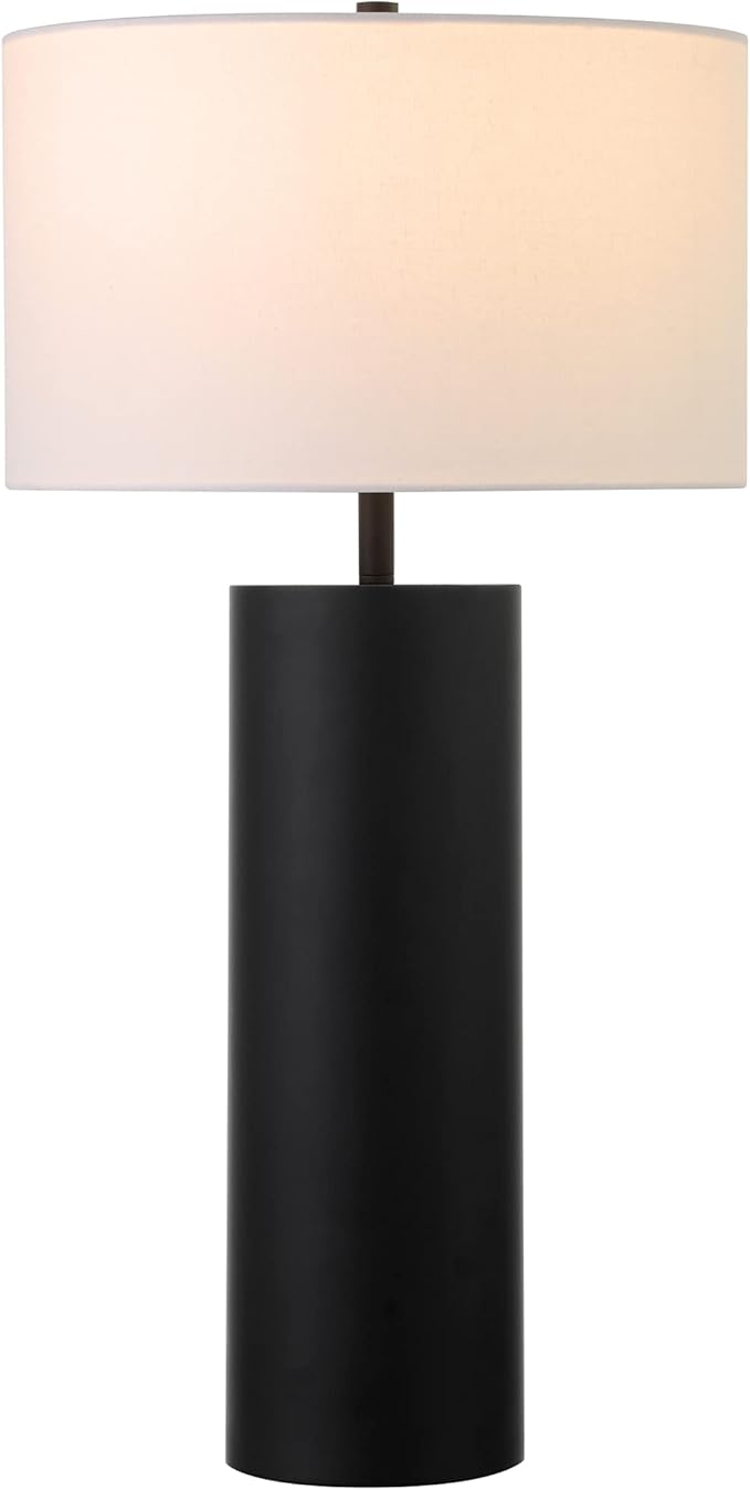 Henn&Hart 29.5'' Mid-Century Modern 1-Light Table Lamp with White Fabric Drum Shade for Living Room, Bedroom, or Office, Blackened Bronze