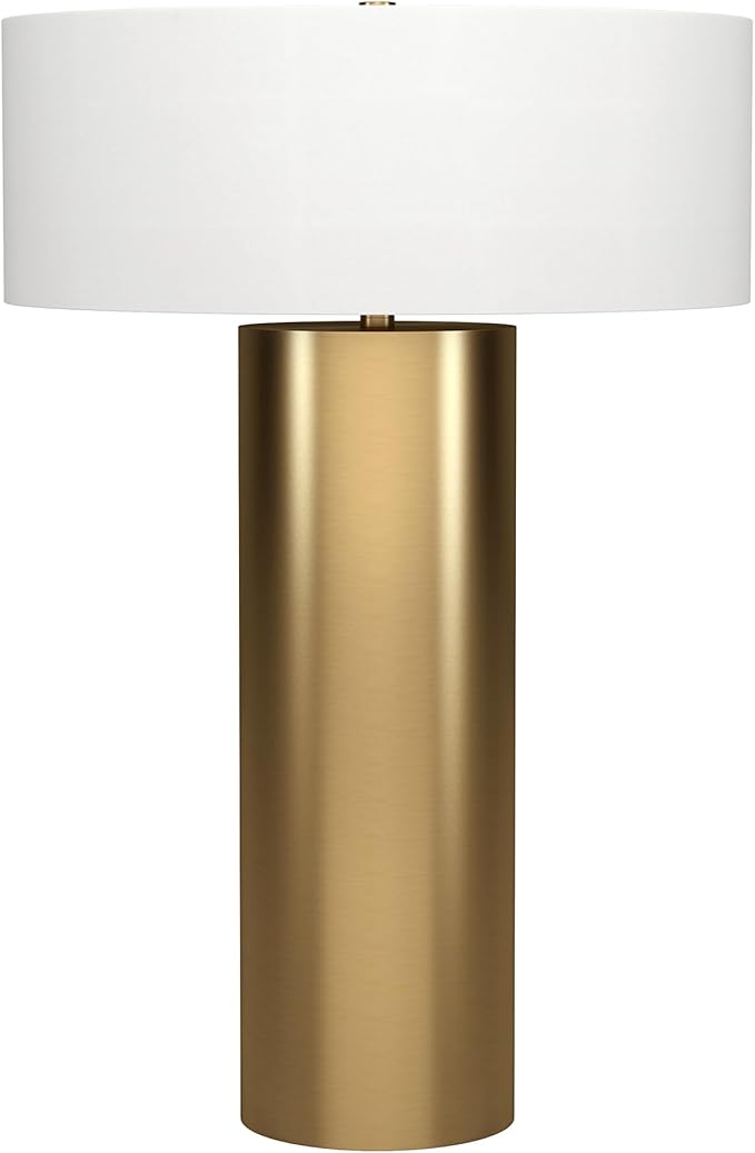 Henn&Hart 24'' Mid-Century Modern 1-Light Table Lamp with White Fabric Drum Shade for Living Room, Bedroom, or Office, Brass