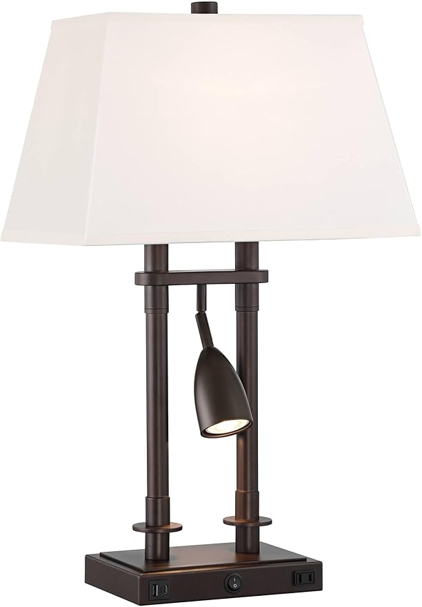 Possini Euro Design Bishop 26 1/2" Tall Modern Desk Lamp with USB Charging Port A+C and AC Power Outlet Brown Bronze Finish Metal Base White Shade Home Office Living Room Bedroom Bedside Nightstand