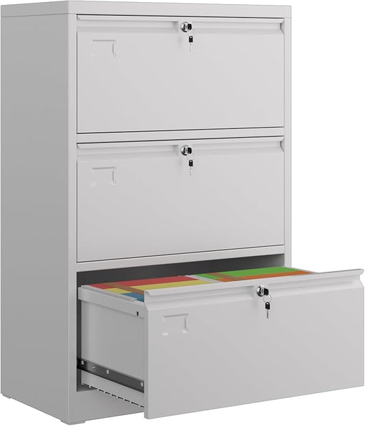 METAN Upgrade Metal 3 Drawer Lateral Files Cabinet for Home Office, Lockable Steel Wide File Storage Cabinet for Hanging Legal/Letter A4 Size, Assembly Required,White