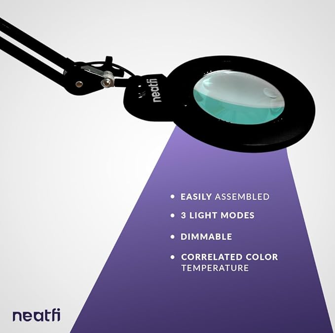 Neatfi XL Bifocals 1,200 Lumens LED Magnifying Lamp with Clamp, 3 Light Modes, Correlated Color Temperature Control (3000K-4500K-6000K), 12W, 120 Pcs SMD LED (Black, 6 Inch Lens)