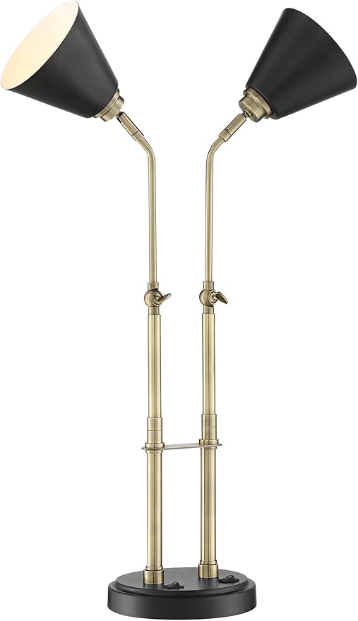 Possini Euro Design Sentry Mid Century Modern Desk Lamp 23" High with USB Charging Port Black Brass Gold Metal LED Adjustable Cone Shade for Living Room Bedroom House Bedside Nightstand Office