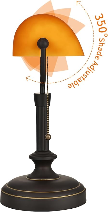 Traditional Banker's Desk Lamp with Glass Shade,Pull Chain Switch, LED Bulb Included (Antique Black+Matt Amber)