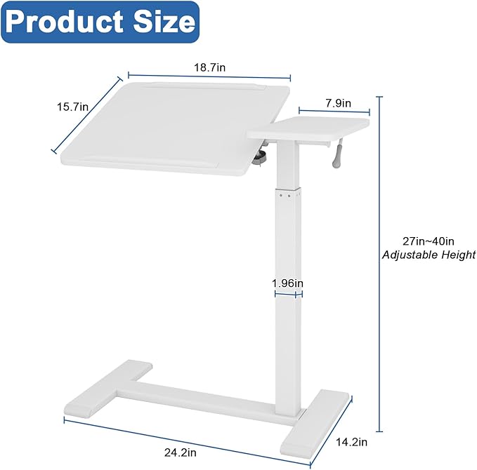 PUNCIA Height Adjustable Overbed Table with Pneumatic Lift and Wheels Split Top Tilting Tray and Rolling Laptop Desk – Bedside Cart for Reading Computer Work Study in Bedroom and Home Office