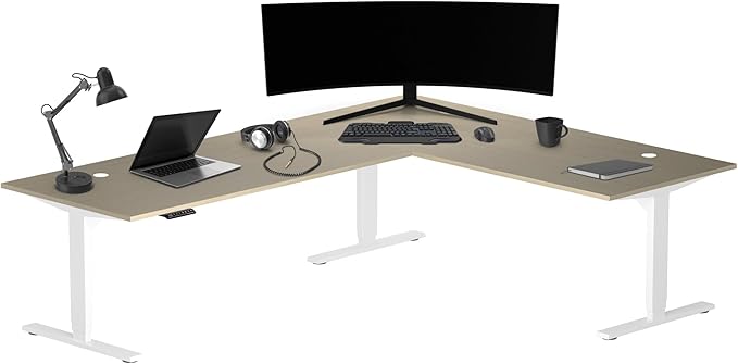 Progressive Desk Stand Up Height Adjustable Electric Standing Desk - L Shaped 90" x 72" Corner 3 Stage Rising Workstation Large Executive Table - White Frame, Bright Beech Top