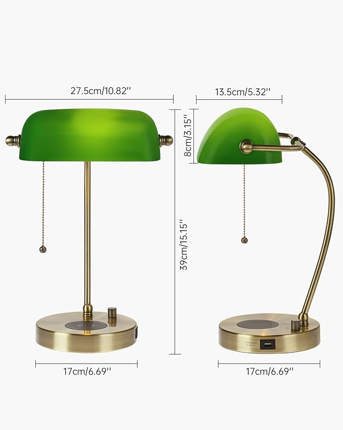 Newrays Green Glass Bankers Desk Lamp with Wireless Charger, USB Charging Port for Home Office,Stepless Dimmable Table Lamp Plug in Fixture,LED Bulb Included