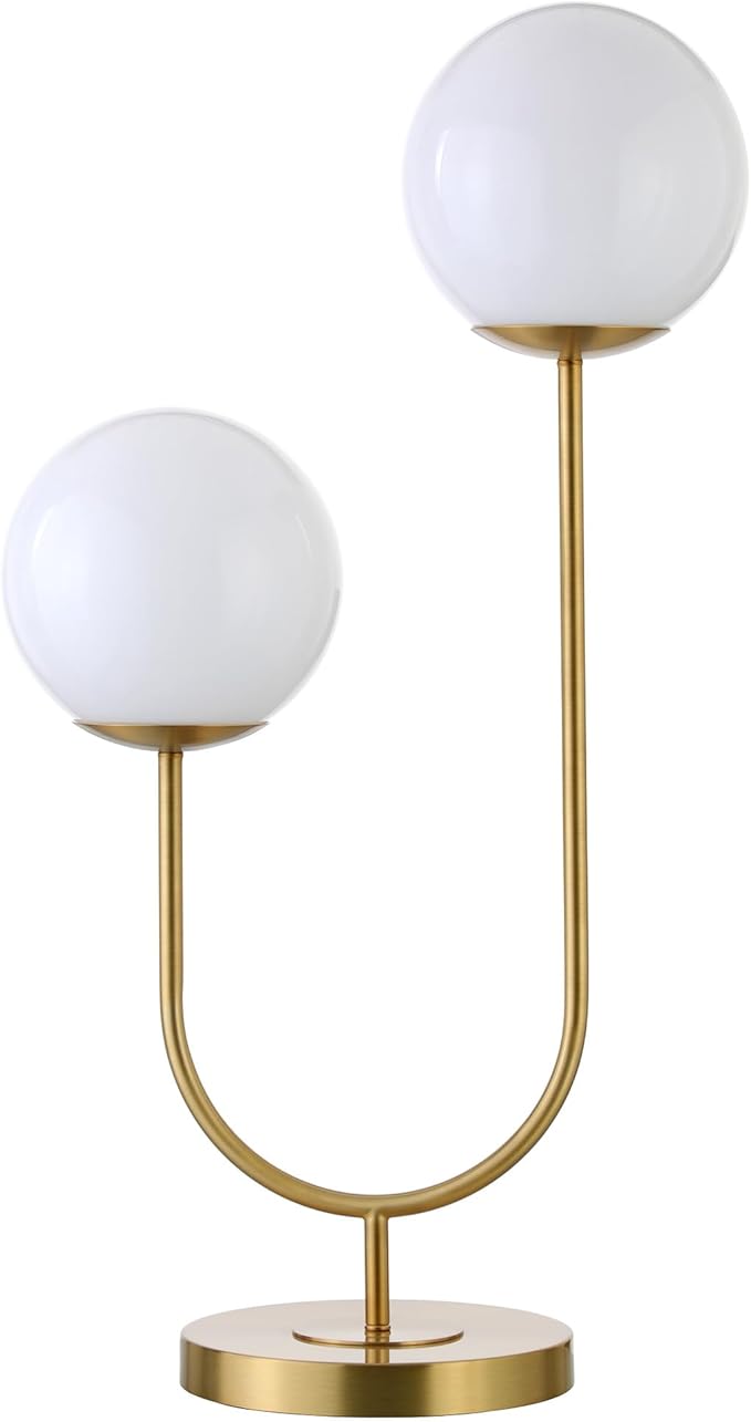 Henn&Hart 28'' Mid-Century Modern 2-Light U-Shaped Table Lamp with White Milk Glass Globe Shade for Living Room, Bedroom, or Office, Brass