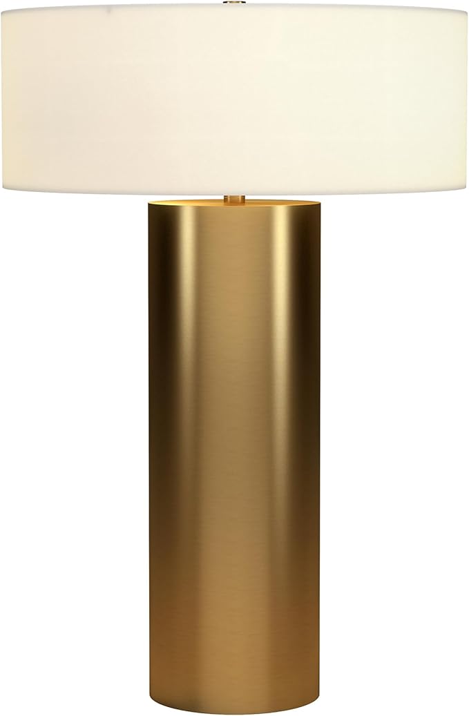 Henn&Hart 24'' Mid-Century Modern 1-Light Table Lamp with White Fabric Drum Shade for Living Room, Bedroom, or Office, Brass