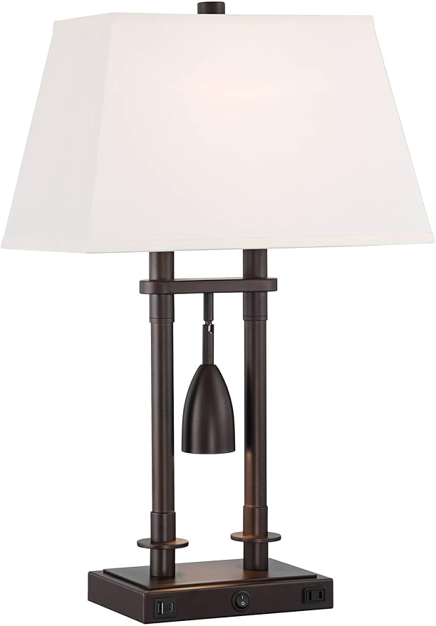Possini Euro Design Bishop 26 1/2" Tall Modern Desk Lamp with USB Charging Port A+C and AC Power Outlet Brown Bronze Finish Metal Base White Shade Home Office Living Room Bedroom Bedside Nightstand