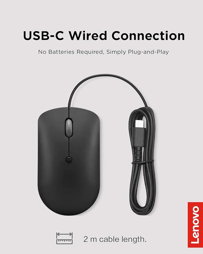 Lenovo 400 USB-C Compact Wired Mouse – Pocket Friendly Portable Mouse for Notebook or Large Computer Monitor, Black