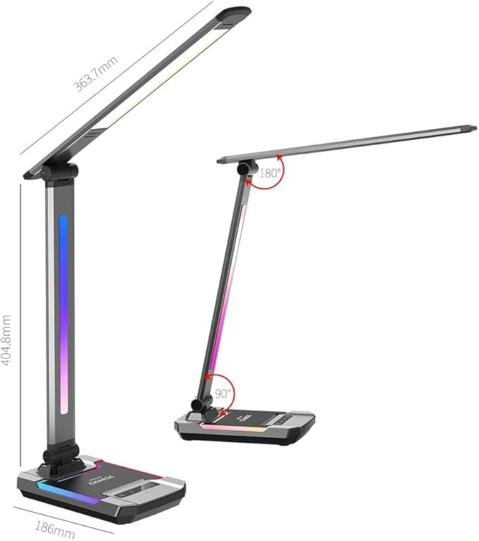 RGB Gaming Desk Lamp with Music Sync,Dimmable LED Lamp with Wireless Charging Station,USB Charging Port,Color Changing Touch Control Light for Gamer Room Decor,Reading,Office,Gift Ideas