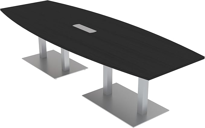 10-Person Boat Shaped Modular Conference Table With Rotating Power Unit | Harmony Series | 10' Meeting Room Table | Scratch-Resistant Laminate | Square Metal Bases & Black Cypress