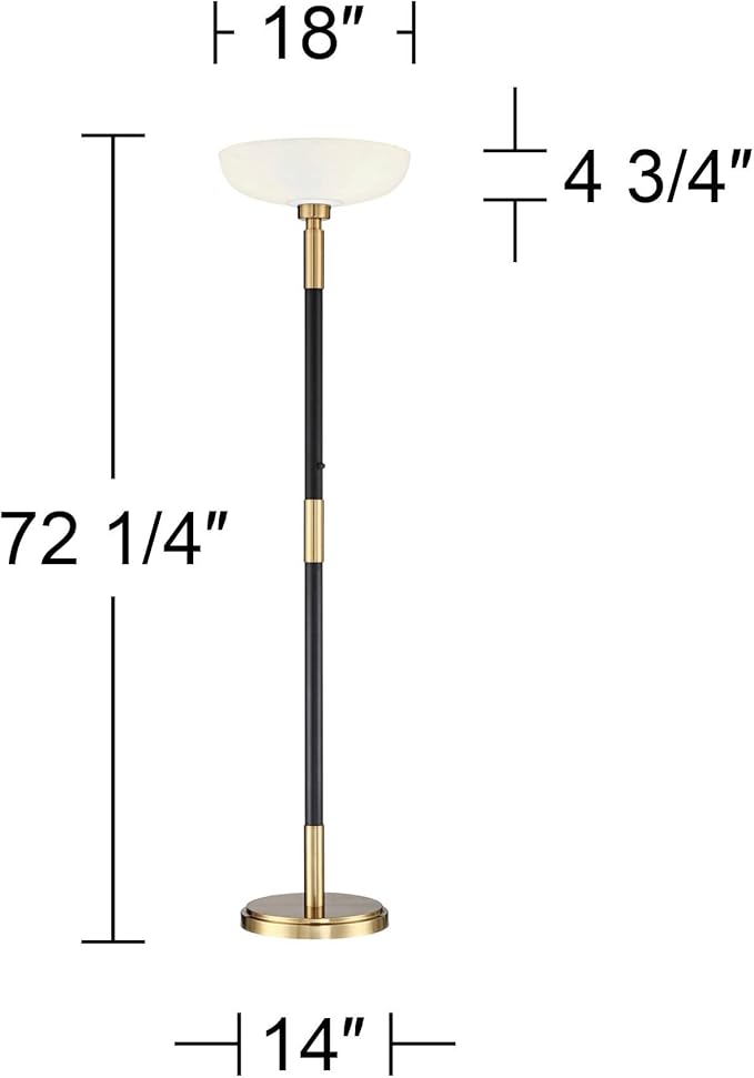 Possini Euro Design Cameron Light Blaster Modern Torchiere Floor Lamp LED 72.25" Tall Warm Antique Brass Matte Black Opal Glass Bowl Pole Light for Living Room Reading House Bedroom Home