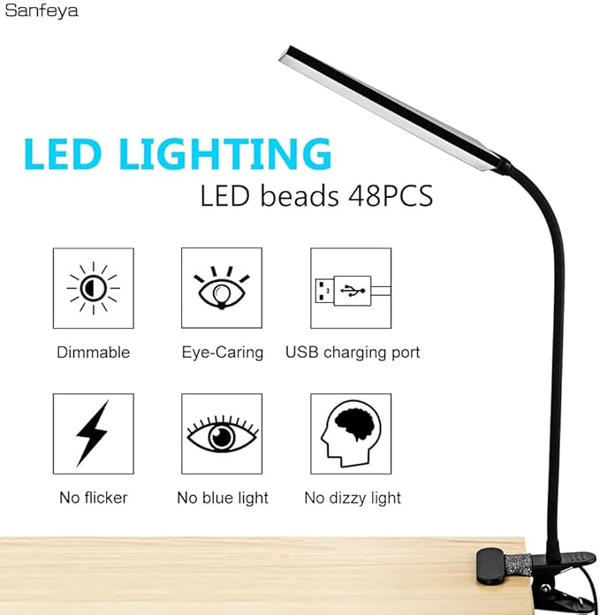 Vansuny Clip on Light LED Desk Lamp with Eye-Caring LED Light and Metal Clip, 11 Level Brightness 3 Color Modes, Power by USB Port 5W Flexible Gooseneck Reading Lamp for Home and Office (5W, Black)