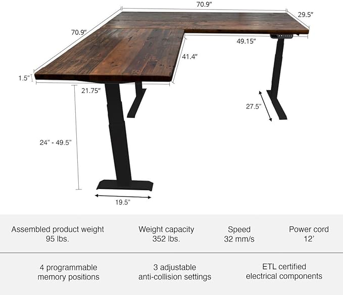 Stand Up Desk Store Reclaimed Wood Electric L-Shaped Corner Standing Desk with EZ Assemble Frame (Black Frame/Reclaimed Natural Fir Top, 71" W x 71" D)