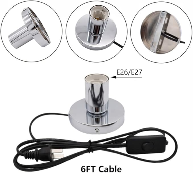 Industrial Table Lamp Base,Small Polished Metal Desktop Light Sockets Base Only,Vintage E26/E27 Edison Screw Light Bulb Holder Base,with 6ft Cord Switch Plug Bulb Base Holder(Silver)