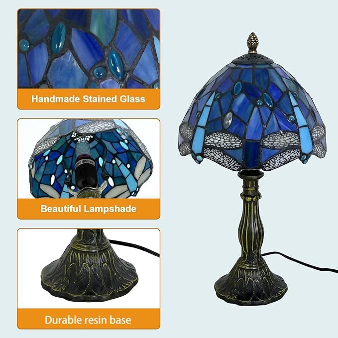 Tiffany Lamp Sea Blue Stained Glass Table Lamp 8X8X15 Inches Dragonfly Style Desk Reading Light Decor Beside Table Lamp for Bedroom Living Room Home Office