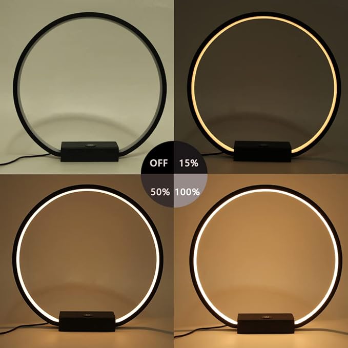 LED Circle Table Lamp Touch Control 3-Way Dimmable Bedside Nightstand Lamp with USB Port Modern Tabletop Lamps, 12W 3000K Warm Light, Desk Lamp for Bedroom Living Room, Black