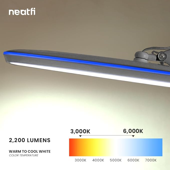 Neatfi XL 2,200 Lumens LED Task Lamp, 24W, 117 SMD LEDs, 23-Inch Ultra-Wide, 4 Brightness Levels, 3 Light Modes, Dimmable, Eye-Caring, Glare-Free (CCT with Clamp, Silver)