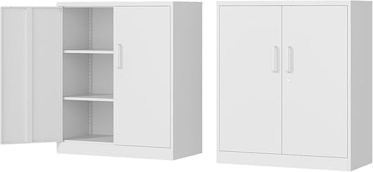 Metal Storage Cabinet-36” Tall Steel File Cabinet with Lockable Doors and Adjustable Shelves-White Steel Storage Cabinet for Home, School, Office, Garage