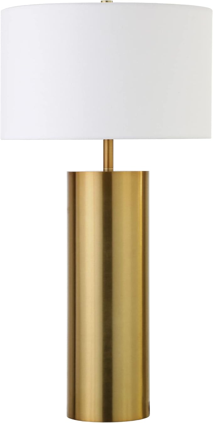 Henn&Hart 29.5'' Mid-Century Modern 1-Light Table Lamp with White Fabric Drum Shade for Living Room, Bedroom, or Office, Brass