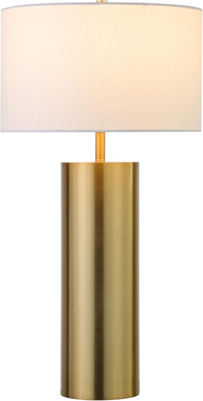 Henn&Hart 29.5'' Mid-Century Modern 1-Light Table Lamp with White Fabric Drum Shade for Living Room, Bedroom, or Office, Brass