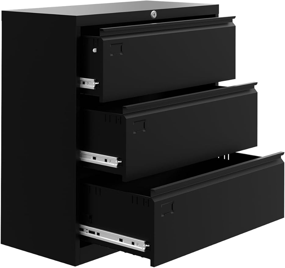 GarveeHome 3-Drawer Lateral File Cabinet with Lock,Heavy Duty Steel Office Storage for Letter/Legal/A4 Documents, Easy Assembly Space-Saving Design - Black