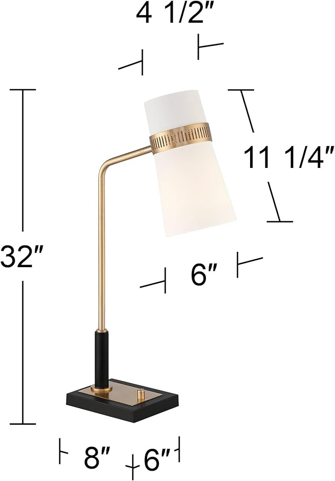Possini Euro Design Cartwright 32" Tall Large Modern Glam Luxe Desk Lamps Set of 2 USB Port Black Gold Brass Finish Metal White Shade Home Office Living Room Charging Bedroom Bedside Nightstand