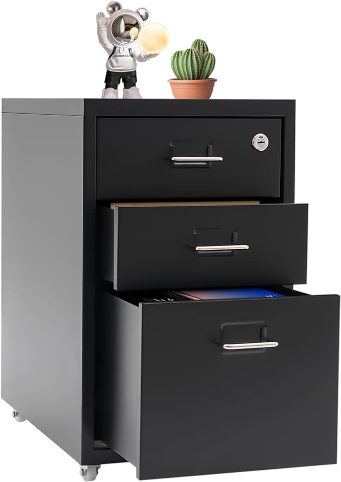3 Drawers Rolling File Cabinet, Metal Filing Cabinets with Lock, 18.3 inch H Vertical Filing Cabinet Under Desk for Home Office, Heavy Duty Metal Storage Cabinet for A4/Letter/Legal Size File
