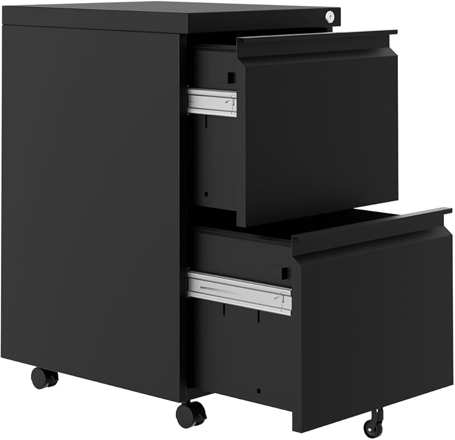GarveeHome File Cabinet 2-Drawer on Wheels w/Lock | Under Desk Metal Rolling | Legal/A4/Letter Storage for Home Office, Black