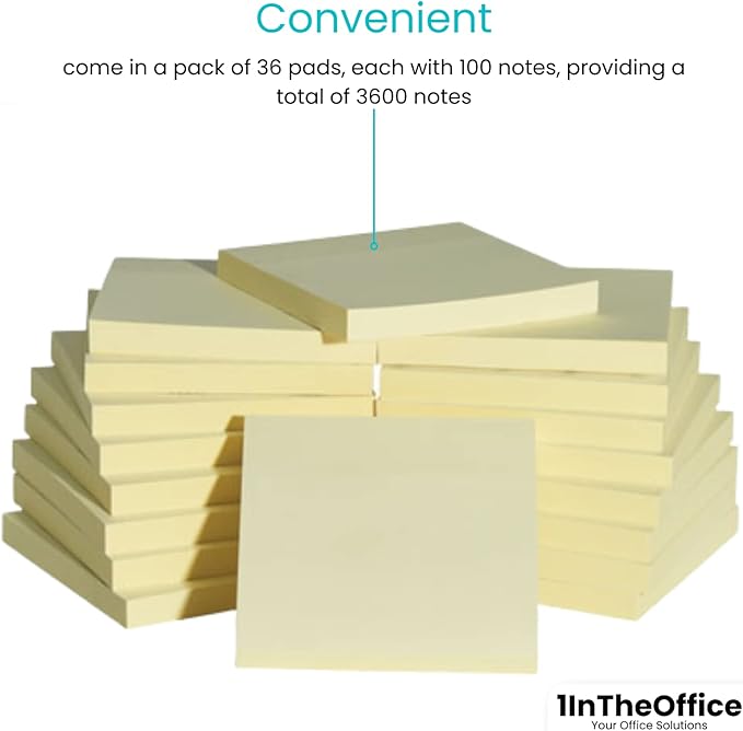 1InTheOffice Yellow Sticky Notes, 3" x 3" Yellow self Stick Sticky Notes 36/Pack of 100= 3600 Notes Pads (36)