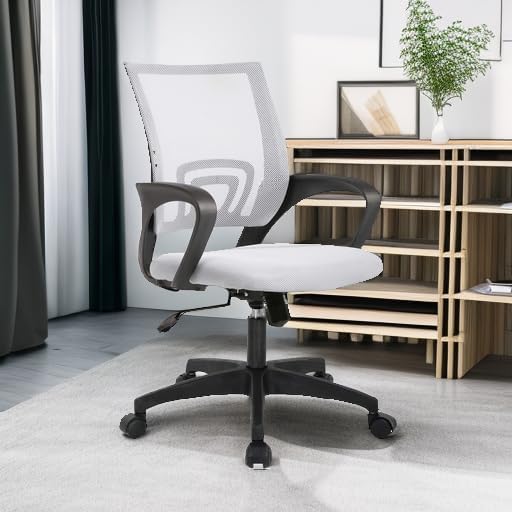 BestOffice | Ergonomic Office Chair | Mid-Back Swivel Desk Chair | Breathable Backrest & Lumbar Support | Adjustable Height | Sponge Seat | Rolling Wheels | White | for Adults & Women